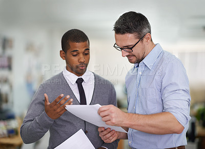 Buy stock photo Team, planning and business men with documents for brainstorming in office. Strategy, diversity and professional people with paperwork for discussion, cooperation and financial advisor in meeting