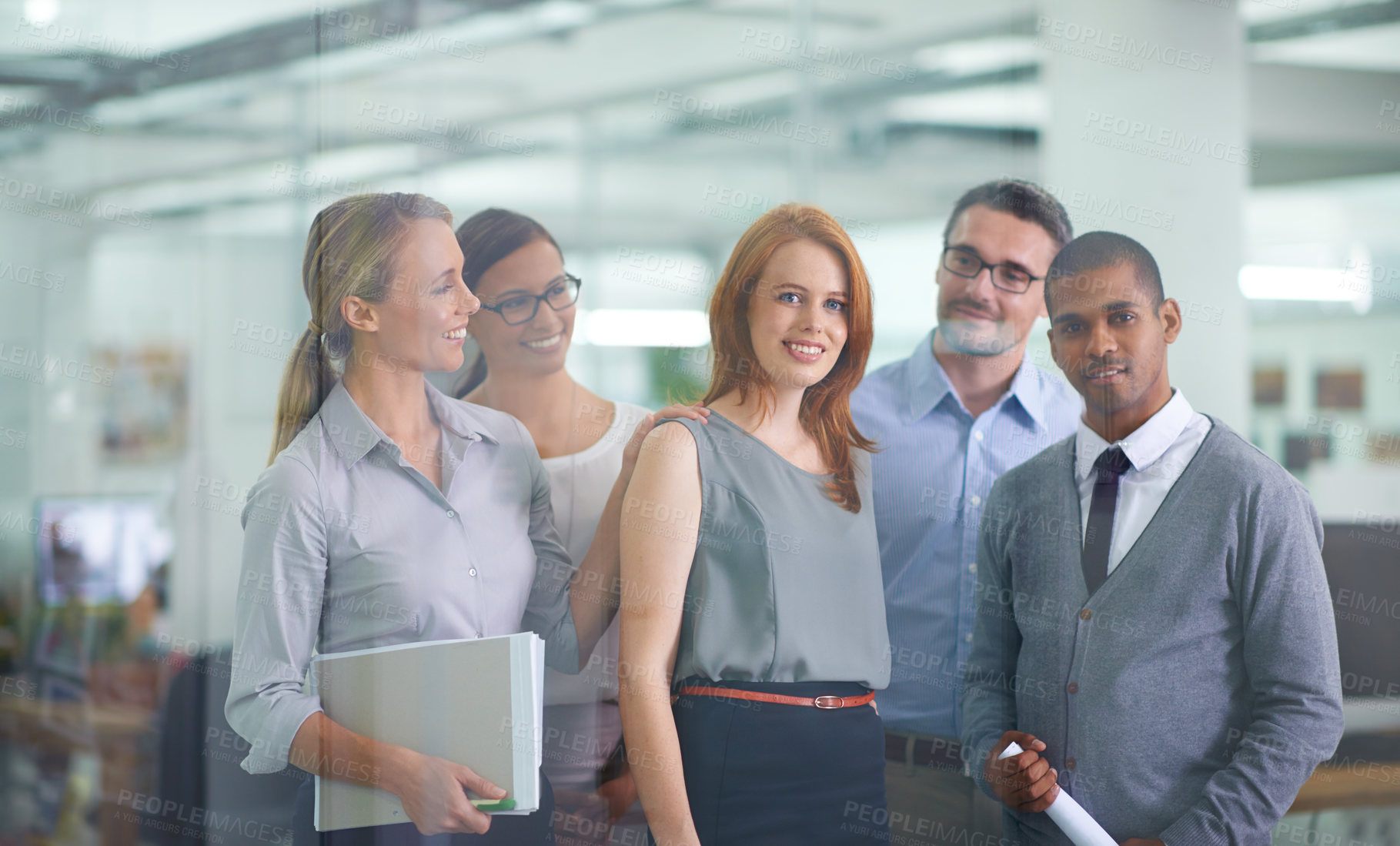 Buy stock photo Leadership, promotion and teamwork of colleagues congratulating their manager on success or achievement. Happy and diverse workers feeling proud and happy being part of a team with a great leader