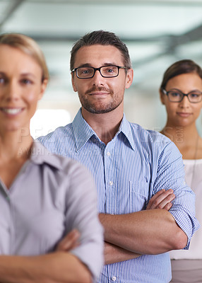 Buy stock photo Portrait, team and confident business man in office or workplace for professional job. Face, arms crossed and group of people in row for cooperation, collaboration and advisors with glasses together