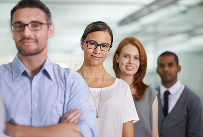 Buy stock photo Portrait, team and confident business woman in office or workplace with arms crossed. Face, diversity and group of people in row for cooperation, collaboration and advisors with glasses together