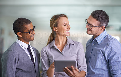 Buy stock photo Happy, smiling and confident business woman with her team happy about a teamwork proposal collaboration. Corporate office workers with a tablet. Staff ready to work on a group job together