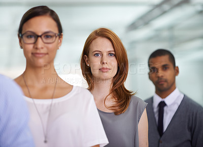 Buy stock photo Portrait, team and business woman in queue at office or workplace for job of entrepreneur. Face, group and professional people in a row together for cooperation or collaboration of diverse advisors
