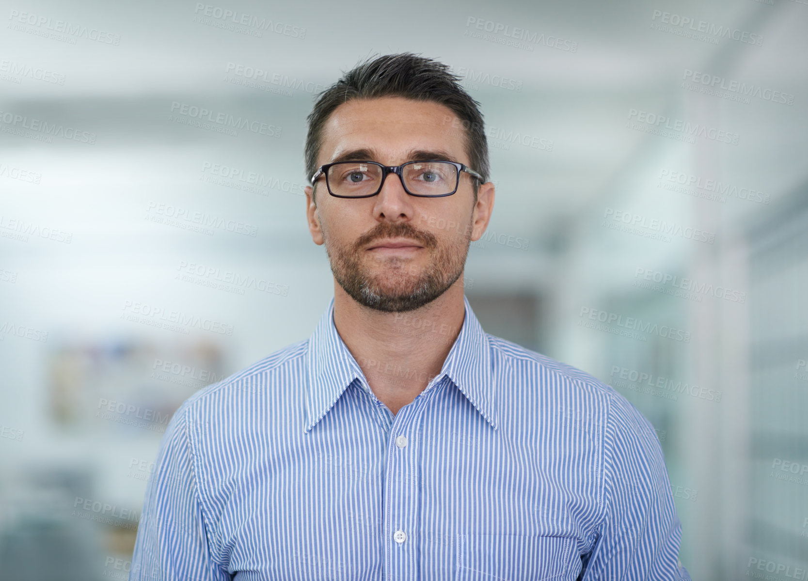 Buy stock photo Portrait, serious and business man in office, workplace or company for job opportunity. Face, glasses and professional entrepreneur, employee and confident salesman working on career in Australia