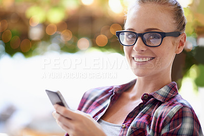 Buy stock photo Woman, portrait and online with phone outdoor for communication, social media and mobile chat with smile. Person, face and happy with smartphone for text message, internet scroll and email with bokeh
