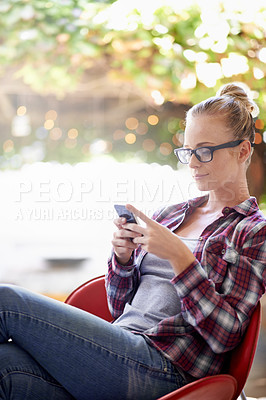 Buy stock photo Woman, reading and online with phone outdoor for communication, social media and mobile chat with smile. Person, face and happy with smartphone for text message, internet scroll and email with bokeh