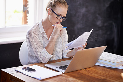 Buy stock photo Reading, glasses and woman with report in office and review of professional research, portfolio and business. Check, paperwork and learning from information or analysis of knowledge in folder at desk