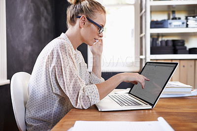 Buy stock photo Woman, laptop or phone call in business, project or checking feedback, review or communication. Businesswoman, computer or smartphone to talk, discuss or planning of company proposal in office