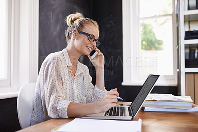 Buy stock photo Woman, laptop and happy in home office with phone call for business networking, remote communication and multitasking. Female person, smartphone and technology for conversation, online and research.