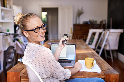 Buy stock photo A portrait of a beautiful young woman working from home