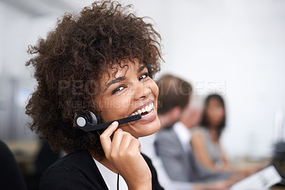 Buy stock photo Call center, happy and portrait of woman in office with headset working on online telemarketing consultation. Smile, customer support and female consultant with crm service communication in workplace