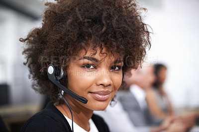 Buy stock photo Customer support, smile and portrait of woman in office with headset working on online telemarketing consultation. Happy, call center and female consultant with crm service communication in workplace