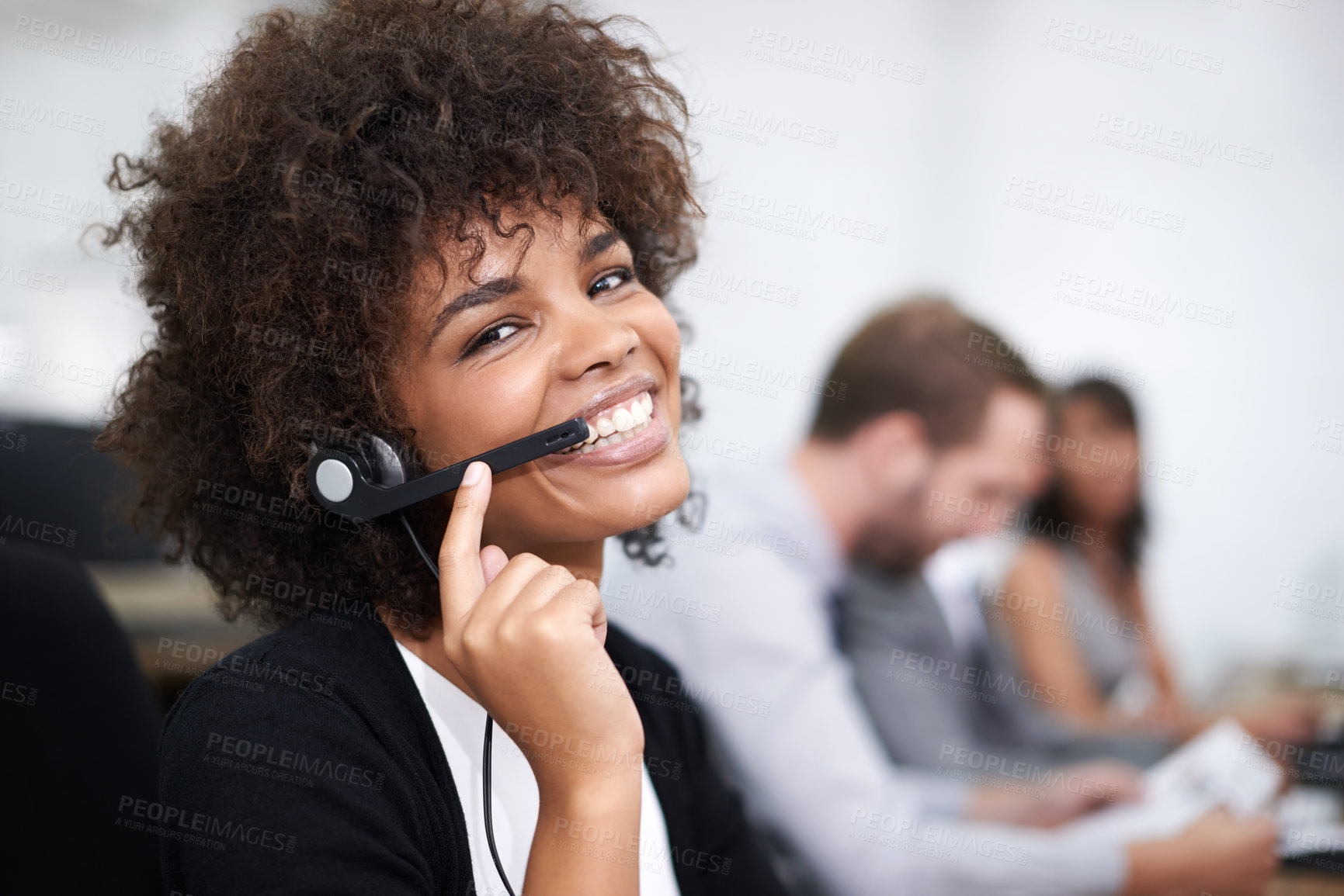 Buy stock photo Customer service, happy and portrait of woman in office with headset working on online telemarketing consultation. Smile, call center and female consultant with crm service communication in workplace
