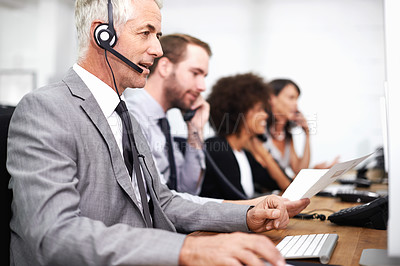 Buy stock photo Call center, career and man in office with headset working on online telemarketing consultation. Happy, customer support and professional male consultant with crm service communication in workplace.