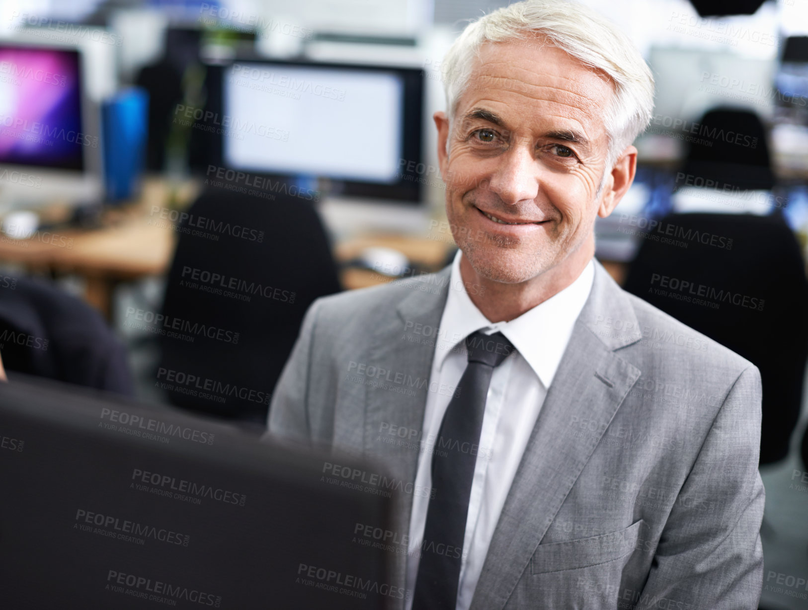 Buy stock photo Mature businessman, portrait and computer for research, online and planning on website in office. Male person, coworking space and feedback on report, internet and networking for proposal in work