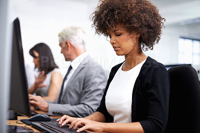 Buy stock photo Computer, typing and business woman in office for research on finance project for company budget. Professional, technology and female financial advisor working on online account in workplace.