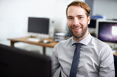Buy stock photo Business man, portrait and computer for research, online and planning on website in office. Happy male person, coworking space and feedback on report, internet and networking for proposal in work