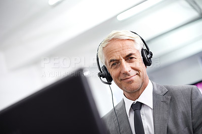 Buy stock photo Portrait, call center and senior man with telemarketing, consultation and communication with a headset. Face, male consultant and happy employee with headphones, tech support and friendly service