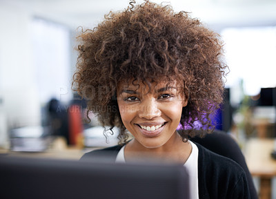 Buy stock photo Business woman, portrait and computer for research, online and planning on website in office. Black female person, coworking space and feedback on report, internet and networking for proposal in work