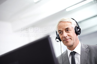 Buy stock photo Customer service, happy and man in office with headset working on online telemarketing consultation. Smile, call center and professional male consultant with crm contact communication in workplace.