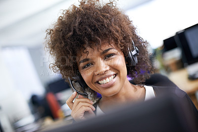 Buy stock photo Customer service, headset and portrait of woman in office for working on online telemarketing consultation. Happy, call center and female consultant with crm service communication in workplace.