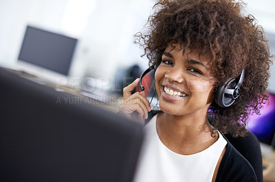Buy stock photo Call center, happy and woman in office with headset working on online telemarketing consultation. Smile, customer support and portrait of female consultant with crm service communication in workplace