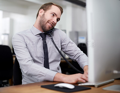 Buy stock photo Man, phone and landline in office for customer service with telemarketing, help desk and happy with computer. Call center, employee and consultant with telephone for support, telesales and advice