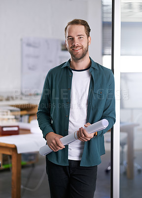 Buy stock photo Portrait, smile and blueprint with architect man in office with documents for building, design or planning. Architecture, construction and industry with happy young developer in creative workplace