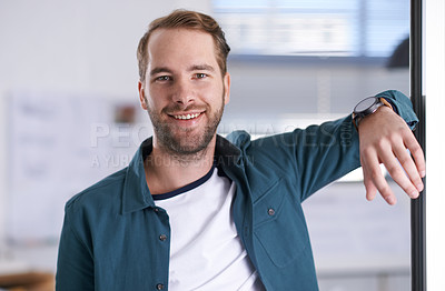 Buy stock photo Portrait, smile and confident with architect man in office, ready for building, design or project development. Architecture, construction and industry with happy young developer in workplace doorway