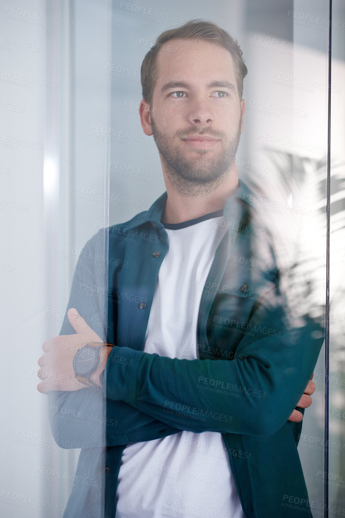 Buy stock photo Design, thinking and arms crossed with architect man in glass boardroom of office for design. Future, planning and vision with confident young developer in workplace for architecture or collaboration