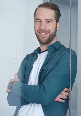 Buy stock photo Portrait, arms crossed and glass with architect man in office, ready for building, construction or design. Architecture, industry and project management with confident young developer in workplace