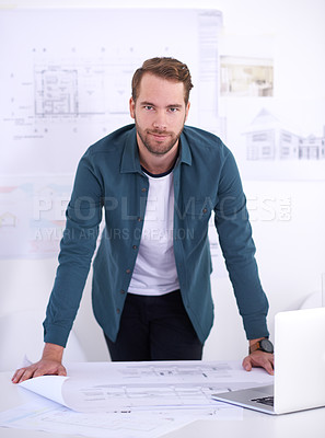 Buy stock photo Portrait, laptop and blueprint with architect man in office with documents for building, design or planning. Architecture, construction and industry with confident young developer in workplace