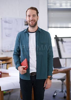 Buy stock photo Portrait, smile and notebook with architect man in office with documents for building, design or planning. Architecture, construction and creative with confident young developer in workplace