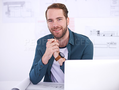 Buy stock photo Portrait, laptop and blueprint with man developer in office with documents for building, design or planning. Architecture, construction and industry with confident young architect in workplace