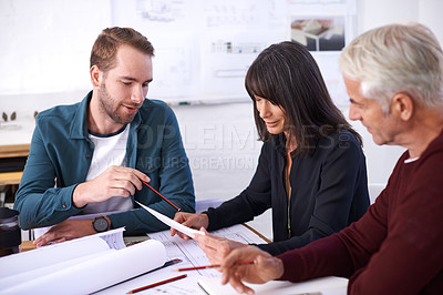 Buy stock photo Architecture, blueprint and business people in meeting with paperwork, discussion and planning for building project. Civil engineering, development and teamwork, men and woman in office brainstorming