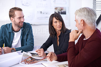 Buy stock photo Architecture, blueprint and business people in meeting with paperwork, discussion and planning for building project. Civil engineering, development and teamwork, men and woman in office brainstorming