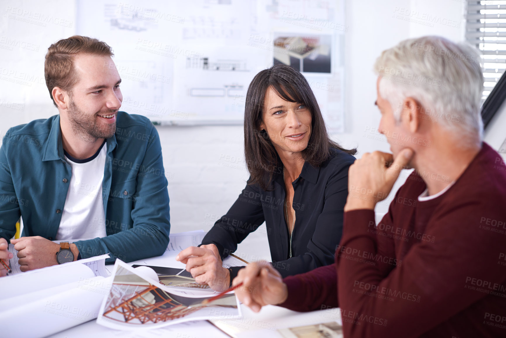 Buy stock photo Architecture, blueprint and business people in meeting with paperwork, discussion and planning for building project. Civil engineering, development and teamwork, men and woman in office brainstorming