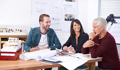 Buy stock photo Architecture, planning and business people in workshop with paperwork, discussion and blueprint for building project. Engineering, development and teamwork, men and woman in office brainstorming.