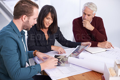 Buy stock photo Architecture, consulting and business people in meeting with paperwork, planning and blueprint for building project. Civil engineering, development and teamwork, men and woman in office brainstorming
