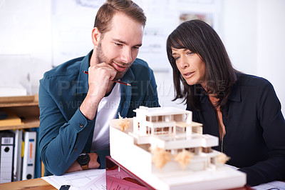 Buy stock photo Architects, teamwork and smile with building model, 3d design and development with colleague. Remodeling, construction and thinking in strategy meeting, contractor or property developer for project
