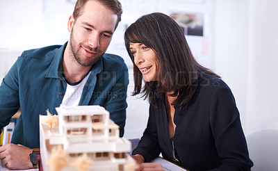 Buy stock photo Architecture, building design and business people with teamwork for planning, brainstorming and project. Cooperation, collaboration and creative coworkers with engineering model, ideas and meeting