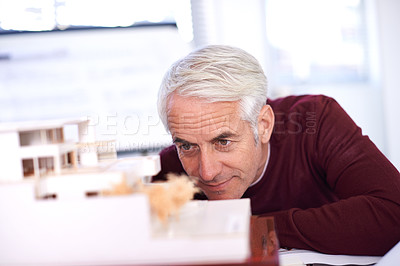 Buy stock photo Male architect, manager or planning with building model, design and architecture for business. Property, development or project management for professional, contractor or construction or person