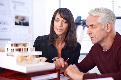 Buy stock photo Architecture, building design or thinking with business people, cooperation or project development. Teamwork, collaboration or coworkers with engineering model, ideas or creative with support or help