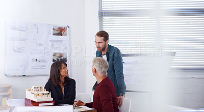 Buy stock photo Teamwork, architect and meeting with idea for building, house and planning together in office. Engineer, group and partnership working on strategy, thinking or 3d model of design for construction