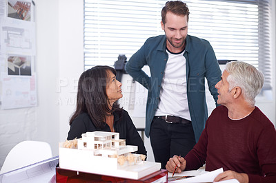 Buy stock photo Architects, teamwork and planning with building model, 3d design and development with colleagues. Architecture, construction and meeting in office, contractor or property developer for project