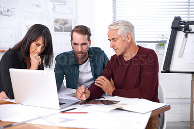 Buy stock photo Architects, laptop and brainstorming with office, diversity and meeting and creative partnership. Businessman, plans and engineering with blueprint, discussion and problem solving for startup agency