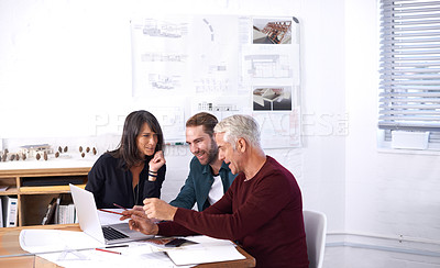 Buy stock photo Architects, laptop and discussion with office, diversity and meeting and creative partnership. Businessman, plans and engineering with blueprint, brainstorming and problem solving for startup agency