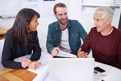 Buy stock photo Colleagues, laptop and architecture for office, diversity and meeting and creative partnership. Businessman, plans and engineering with blueprint, brainstorming and problem solving for startup agency