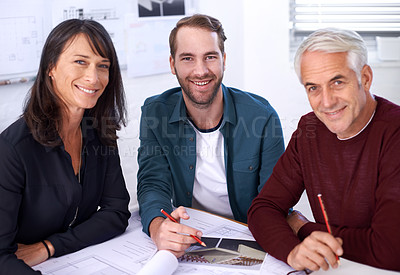 Buy stock photo Coworker, smile and blueprint with design at office with pencil for drawing a building renovation, teamwork and project as architects. Business, people and collaboration on task, plan and happy.