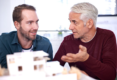 Buy stock photo Building model, men and business people with architecture, planning and conversation with brainstorming. Teamwork, meeting and engineering with discussion or project management with ideas or industry