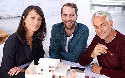 Buy stock photo Employees, portrait and model for industrial architecture, presentation and project layout for construction. Property developers or engineers with 3d graphic or design and remodeling from blueprint.